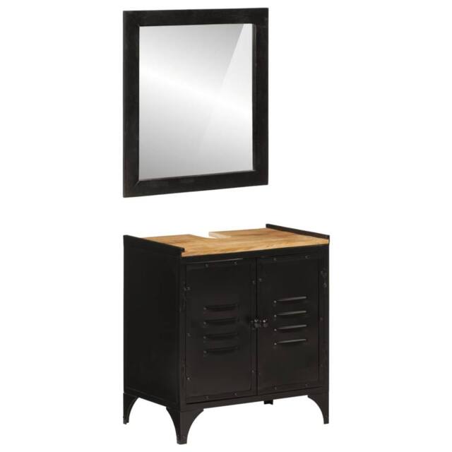 Berkfield Home 2 Piece Bathroom Furniture Set Iron & Solid Wood Mango in Black - image 1