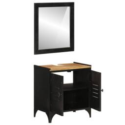 Berkfield Home 2 Piece Bathroom Furniture Set Iron & Solid Wood Mango in Black - thumbnail 2