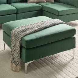 Wyld and Coco Green Velvet Square Ottoman with Silver Metal Legs