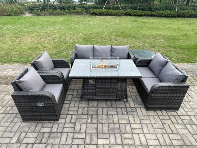 Fimous PE Wicker Outdoor Rattan Garden Furniture Set Propane Gas Fire Pit Table & Sofa Chair set with Side Table 7 Seater in Dark Grey - image 1