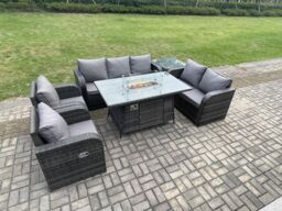Fimous PE Wicker Outdoor Rattan Garden Furniture Set Propane Gas Fire Pit Table & Sofa Chair set with Side Table 7 Seater in Dark Grey - thumbnail 3