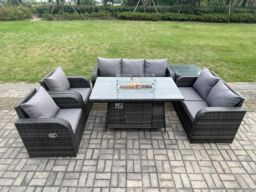 Fimous PE Wicker Outdoor Rattan Garden Furniture Set Propane Gas Fire Pit Table & Sofa Chair set with Side Table 7 Seater in Dark Grey - thumbnail 1