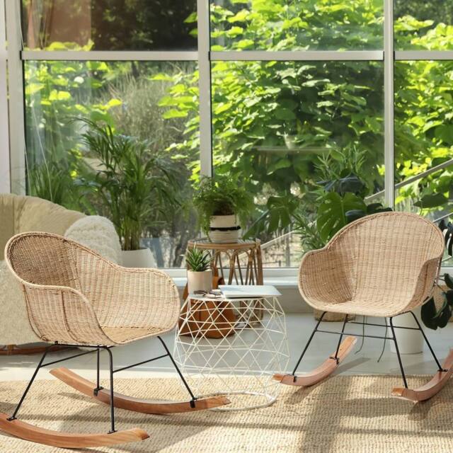 Wyld and Coco Set of 2 Natural Rattan Rocking Chairs with Mahogany Legs - image 1