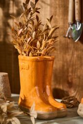 Dibor Small Orange Double Wellington Boots Ceramic Indoor Outdoor Flower Pot Garden Planter Pot H17 x W15cm - thumbnail 1