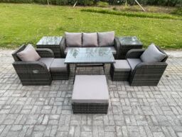Fimous Rattan Wicker Garden Furniture Patio Conservatory Sofa Set with Rectangular Dining Table Reclining Chair 3 Seater Sofa in Dark Grey - thumbnail 2