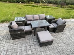 Fimous Rattan Wicker Garden Furniture Patio Conservatory Sofa Set with Rectangular Dining Table Reclining Chair 3 Seater Sofa in Dark Grey - thumbnail 1