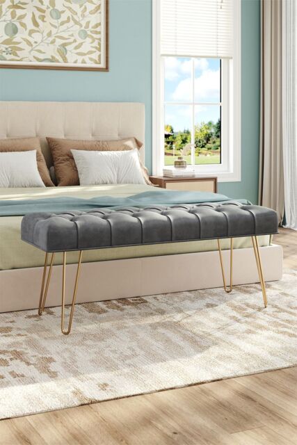 H&O Direct Tufted Velvet Bench with Golden Hairpin Legs in Light Grey - image 1
