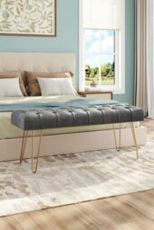 H&O Direct Tufted Velvet Bench with Golden Hairpin Legs in Light Grey