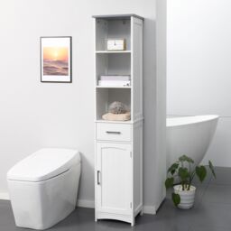 Kleankin Tall Bathroom Storage Cabinet Freestanding Linen Tower Slim Organizer in White
