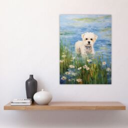 Artery8 Maltese Dog Claude Monet Style Oil Painting Portrait In Lake By Wildflowers Large Wall Unframed Art Poster Print Thick Paper 18X24 Inch - thumbnail 4