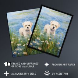 Artery8 Maltese Dog Claude Monet Style Oil Painting Portrait In Lake By Wildflowers Large Wall Unframed Art Poster Print Thick Paper 18X24 Inch - thumbnail 2