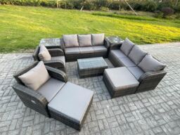 Fimous 10 Seater Rattan Outdoor Garden Furniture Sofa Set Patio Table & Chairs Set with 3 Seater Sofa Reclining Chair 2 Big Footstool 2 Side Tables - thumbnail 2