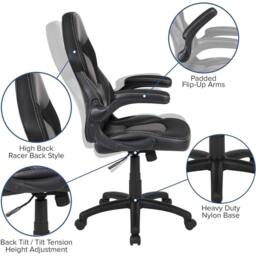 ERGOVEXA Gaming Chair White Racer Inspired Padded Seat Backrest Adjustable Height in Black - thumbnail 3
