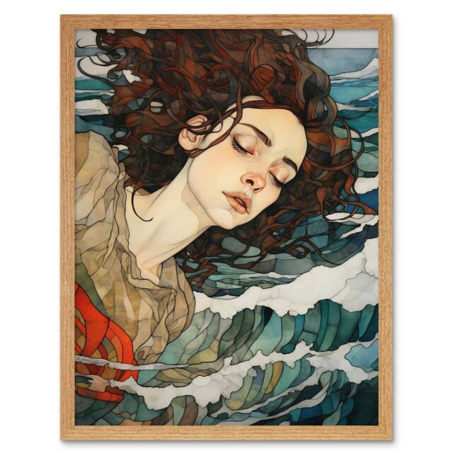 Artery8 Wall Art Print Dreaming of the Sea Woman Sleeping Egon Schiele Style Watercolour Painting Red Brown Blue Carried by Waves Art Framed - image 1