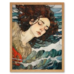 Artery8 Wall Art Print Dreaming of the Sea Woman Sleeping Egon Schiele Style Watercolour Painting Red Brown Blue Carried by Waves Art Framed - thumbnail 1