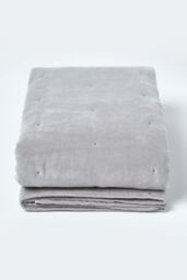 Homescapes Velvet Quilted Throw 100% Cotton, Soft & Luxurious Blanket in Light Grey - Size: 125 cm x 150 cm - thumbnail 2