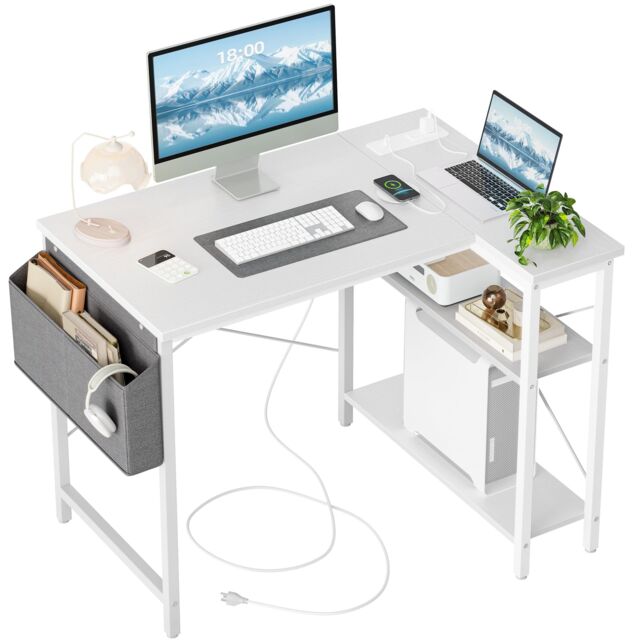 BEXEVUE L-Shaped Computer Gaming Desk with Power Outlets 100×70/120x70cm in White - Size: 100 cm - image 1