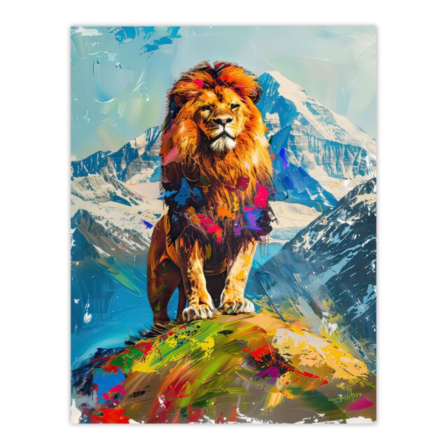 "Artery8 Colourful Lion Nature Animal Lover Mountain King Wall Art Print in Blue - Size: W18"" x H24""" - image 1
