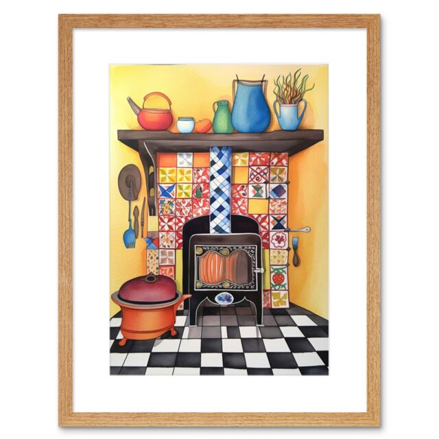 "Artery8 Wall Art Print Kitchen Hearth Fireplace With Multicoloured Tiles Folk Art Watercolour Painting Artwork Framed 9X7 Inch - Size: W7"" x H9""" - image 1