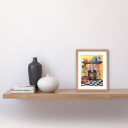 "Artery8 Wall Art Print Kitchen Hearth Fireplace With Multicoloured Tiles Folk Art Watercolour Painting Artwork Framed 9X7 Inch - Size: W7"" x H9""" - thumbnail 2
