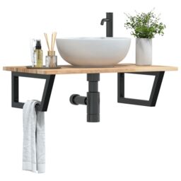 Berkfield Home Basin Shelf Wall Mounted Steel & Solid Wood Acacia in Brown - thumbnail 1