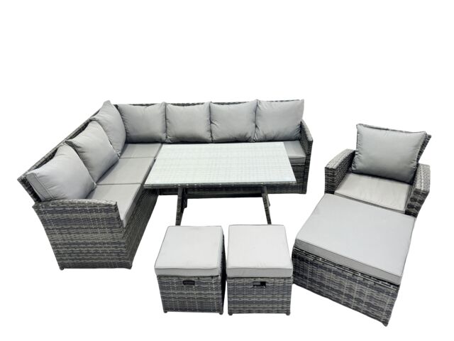 Fimous 10 Seat Patio Oblong Dining Table Corner Sofa Set with 3 Stool Chair in Dark Grey - image 1