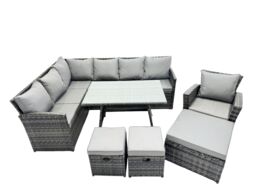 Fimous 10 Seat Patio Oblong Dining Table Corner Sofa Set with 3 Stool Chair in Dark Grey - thumbnail 1