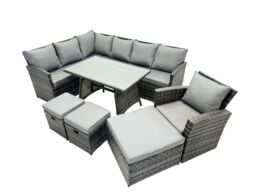 Fimous 10 Seat Patio Oblong Dining Table Corner Sofa Set with 3 Stool Chair in Dark Grey - thumbnail 2