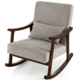 Costway Wooden Rocking Accent Chair Upholstered Rocker Armchair w/ Rubber Wood Armrests in Grey