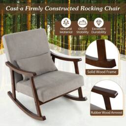 Costway Wooden Rocking Accent Chair Upholstered Rocker Armchair w/ Rubber Wood Armrests in Grey - thumbnail 6