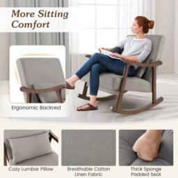 Costway Wooden Rocking Accent Chair Upholstered Rocker Armchair w/ Rubber Wood Armrests in Grey - thumbnail 5