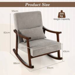 Costway Wooden Rocking Accent Chair Upholstered Rocker Armchair w/ Rubber Wood Armrests in Grey - thumbnail 2