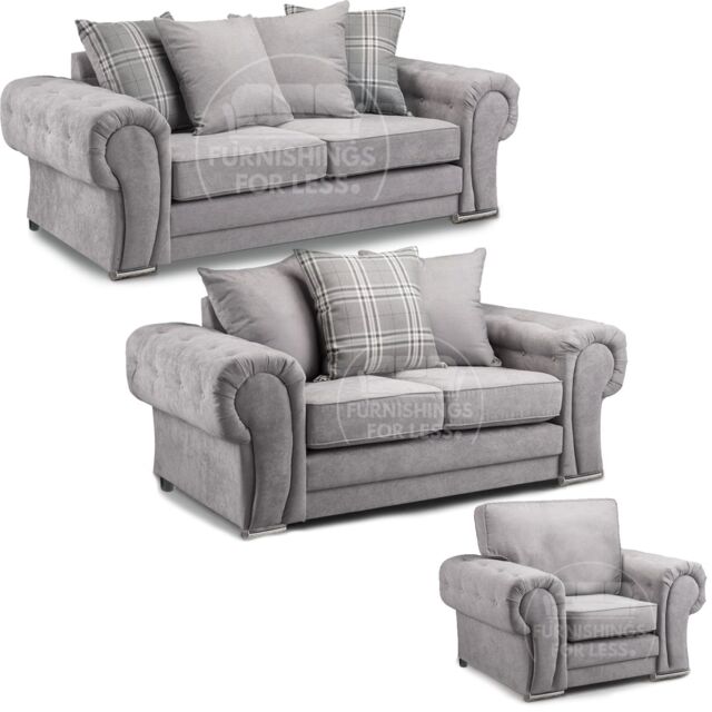 Furnishings For Less UK Milan Fabric 3 Piece Sofa Suite Grey Scatter Back Chesterfield Style - image 1