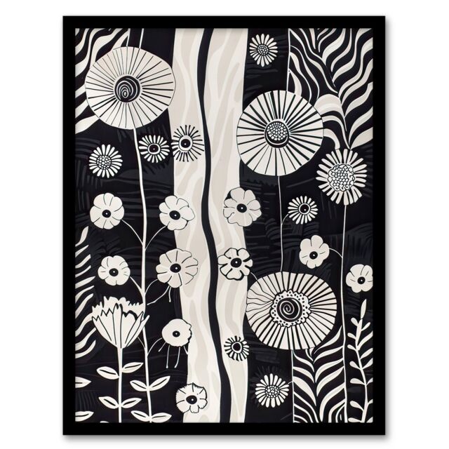 Artery8 Wildflower Garden Black & White Stripes Abstract Framed Art Print - Size: A4 - image 1