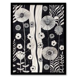 Artery8 Wildflower Garden Black & White Stripes Abstract Framed Art Print - Size: A4 - thumbnail 1