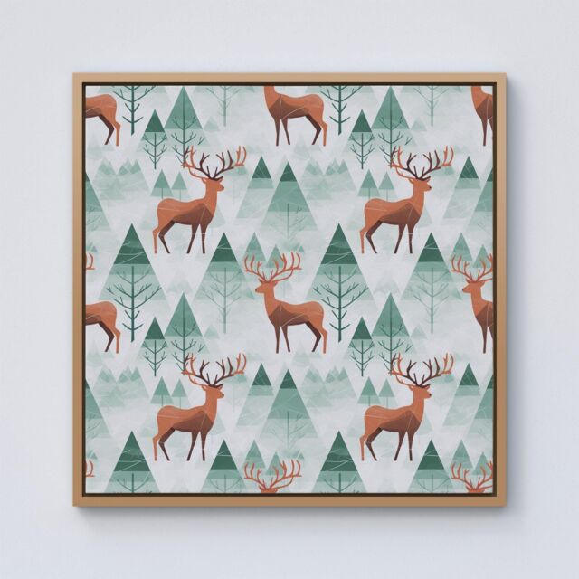 "Warren Reed - Designer Reindeer On A Snowy Landscape Framed Canvas in Light Brown - Size: W16"" x H16""" - image 1