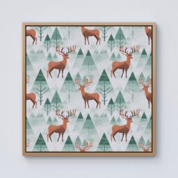 "Warren Reed - Designer Reindeer On A Snowy Landscape Framed Canvas in Light Brown - Size: W16"" x H16""" - thumbnail 1