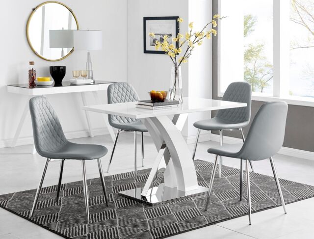 FurnitureboxUK Atlanta White High Gloss & Chrome 4 Seater Dining Table with X Shaped Legs & 4 Faux Leather Corona Chairs in Grey - image 1