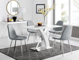 FurnitureboxUK Atlanta White High Gloss & Chrome 4 Seater Dining Table with X Shaped Legs & 4 Faux Leather Corona Chairs in Grey - thumbnail 1