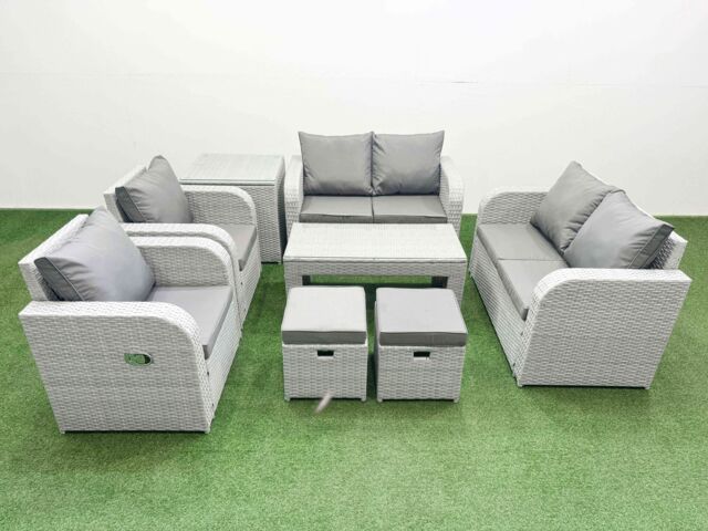 Fimous 8 Seater Outdoor Reclining Chair Love Sofa Set Rattan Garden Furniture Set with Oblong Coffee Table 2 Stools Side Table Light Grey - image 1