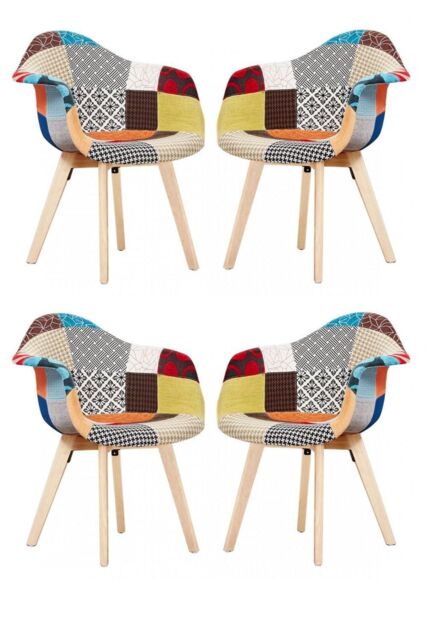 Life Interiors Set of 4 Patchwork Fabric Upholstered Accent Chairs with Wooden Legs, Mid-Century Modern Armchair - image 1