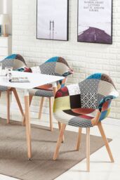 Life Interiors Set of 4 Patchwork Fabric Upholstered Accent Chairs with Wooden Legs, Mid-Century Modern Armchair - thumbnail 6