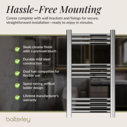 Balterley Straight Heated Towel Rail Radiator, 199W, 400 x 800mm, Chrome in Silver - thumbnail 4