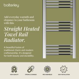 Balterley Straight Heated Towel Rail Radiator, 199W, 400 x 800mm, Chrome in Silver - thumbnail 2