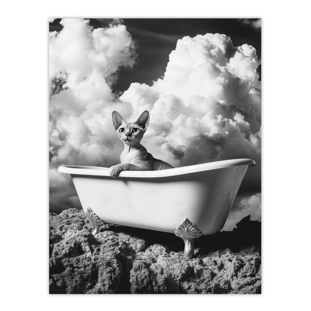 "Artery8 Cat Lover Sphinx in Bathtub Black White Surreal Wall Art Print in Grey - Size: W12"" x H16""" - image 1