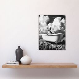 "Artery8 Cat Lover Sphinx in Bathtub Black White Surreal Wall Art Print in Grey - Size: W12"" x H16""" - thumbnail 4