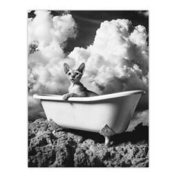 "Artery8 Cat Lover Sphinx in Bathtub Black White Surreal Wall Art Print in Grey - Size: W12"" x H16""" - thumbnail 1