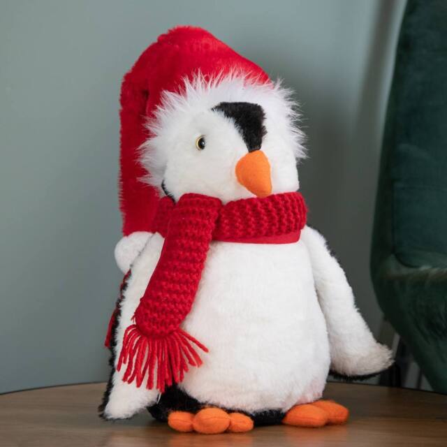 Samuel Alexander 40cm Soft Cuddly Puppa Penguin Christmas Decoration with Santa Hat in White - image 1