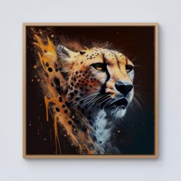 Warren Reed - Designer Cheetah Face Splashart Dark Background Framed Canvas in Light Brown - Size: w40 inch x h40 inch - thumbnail 1