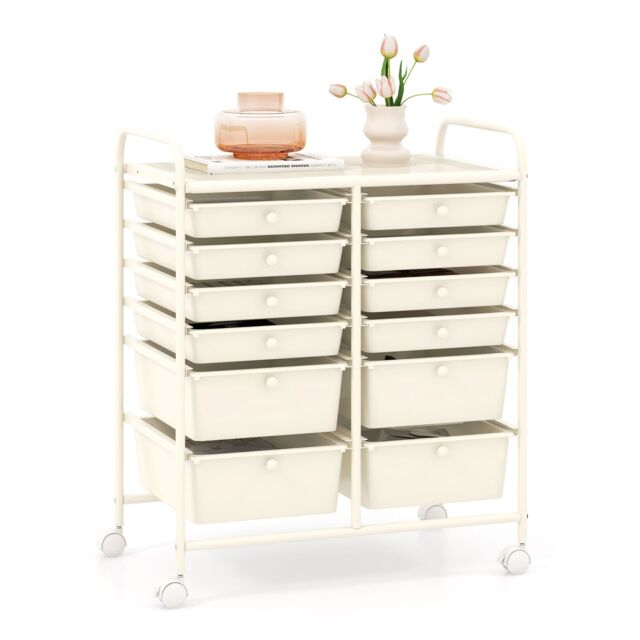 Gymax 12 Drawer Rolling Storage Cart Utility Cart With Wheels & Handles in White - image 1
